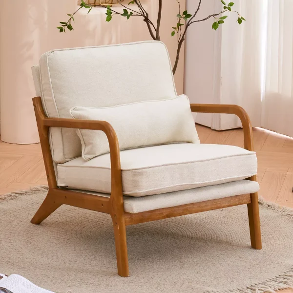 Accent Chair Wide Armrest Mid-Century Lounge Chair Linen Fabric Armchair with Lumbar Pillow & Oak Wood Frame for Living Room, Bedroom, Balcony