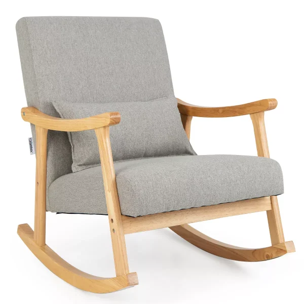 Upholstered Rocking Chair with Pillow Rocking Armchair with Rubber Wood Frame Grey
