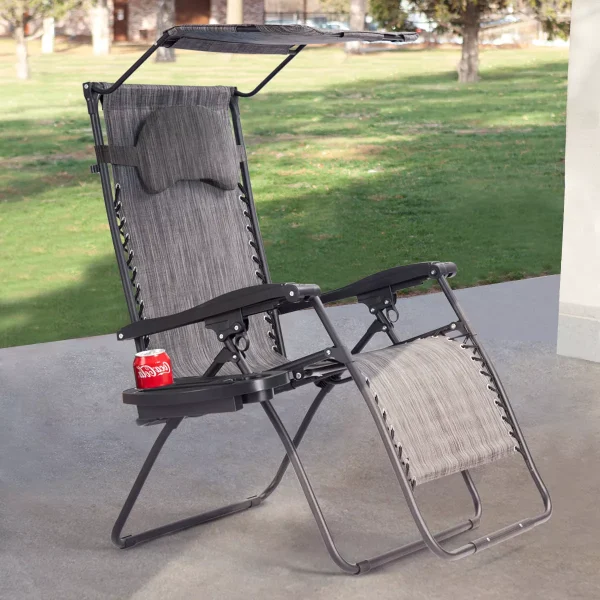 Folding Recliner Zero Gravity Lounge Chair W/ Shade Canopy Cup Holder Gray
