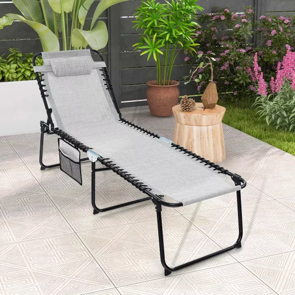 Patio Folding Chaise Lounge Chair Portable Sun Lounger with Adjustable Backrest Grey/Navy